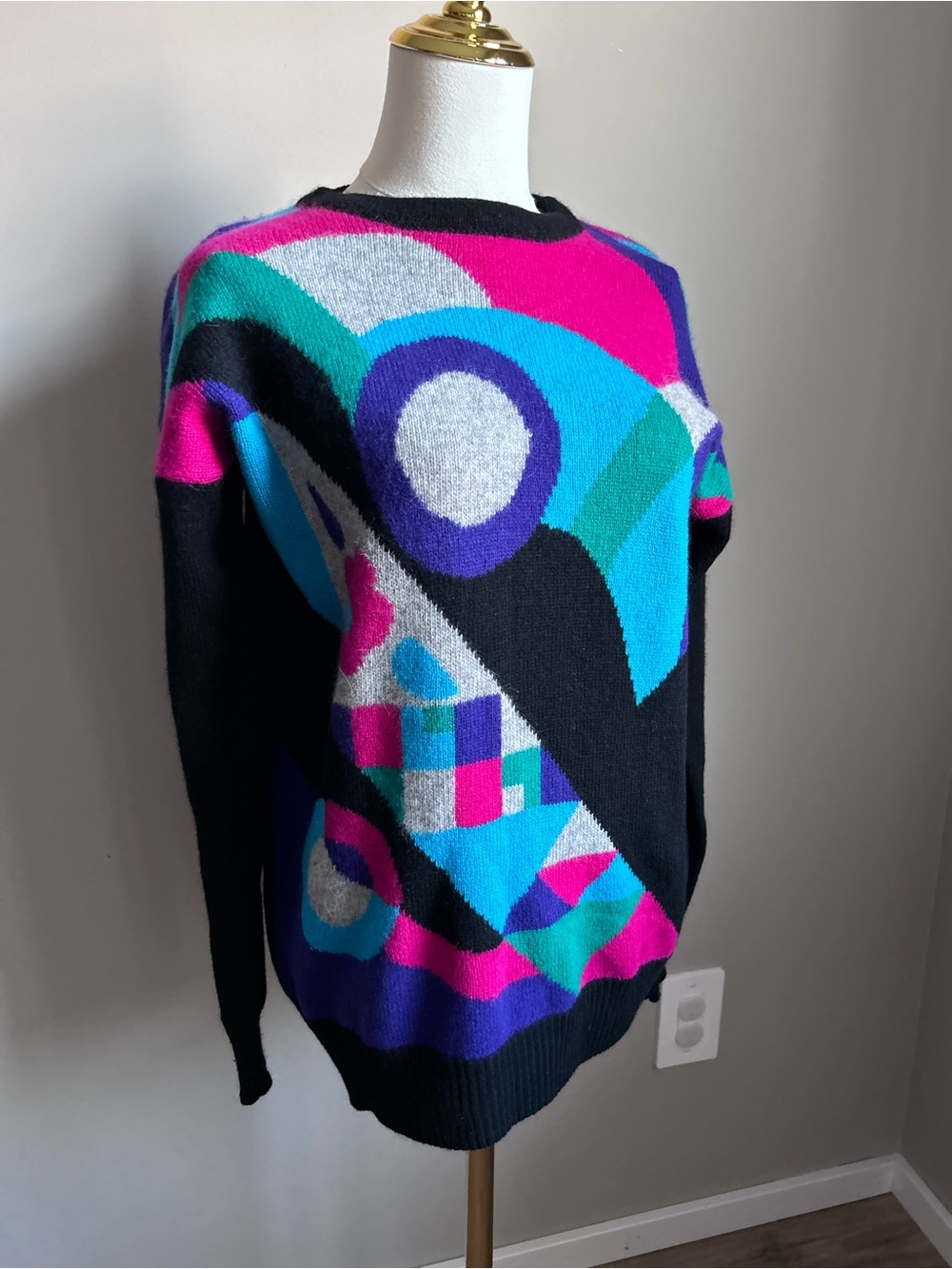 Vintage lambswool Angora Colorblock Geometric Crewneck Sweater - Black Multicolo